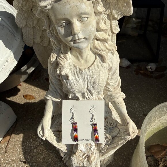 Navajo Handmade Sterling Silver Beaded Dangle Earrings Lucille Romone gift NWT - Picture 2 of 6